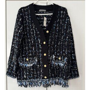 NWT Size XS (P2P 22") - Anthropologie Tweed Fringe Cardigan (Chanel Vibe)